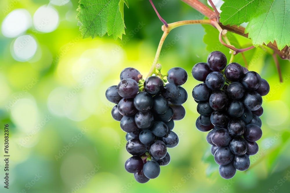 Bunch of black grapes on a grape bush with green leaves, generative AI