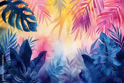 Colorful bright watercolor tropical background.