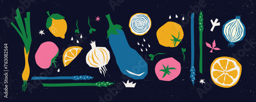 Healthy organic vegan food. Cooking dietary dishes. Vegetarian cafe. Set of icons in flat geometric style. Abstract signs, Vegetables, fruits vector illustration.