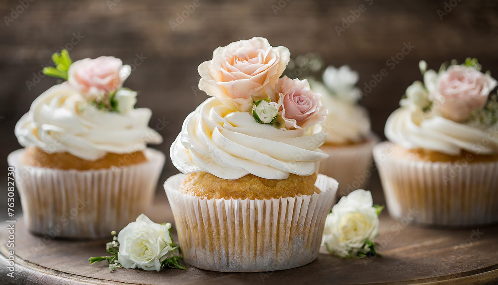 Tasty wedding cupcakes decorated with flowers. Delicious festive dessert. Sweet pastry. Blurred backdrop.