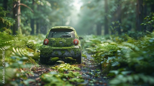 An eco-car goes through the forest on a forest road, Ecosystem ecology and a healthy environment are at the heart of road trip travel. An eco-car with nature is the best type of vehicle and EV photo