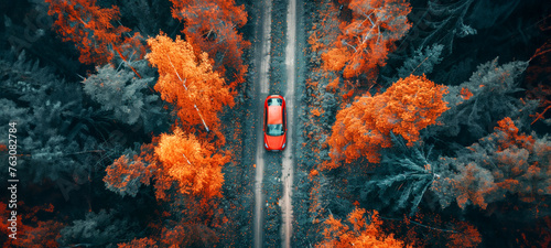 Autumn drive on a forest road with colorful foliage