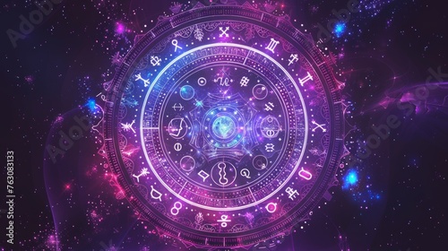 Mystical Zodiac and Planetary Glyphs Circle Illustration