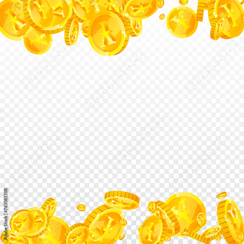 Japanese yen coins falling. Scattered gold JPY