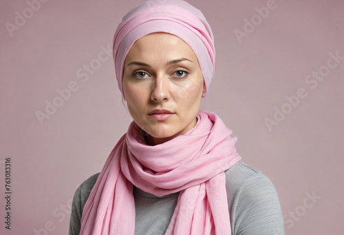 Young woman suffering from cancer with a pink scarf on her head with no hair due to chemotherapy