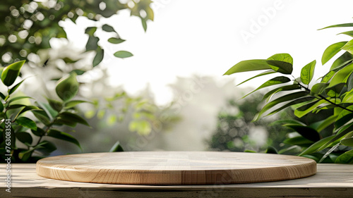 Wooden product display podium with a white background set in nature  casting a natural shadow.