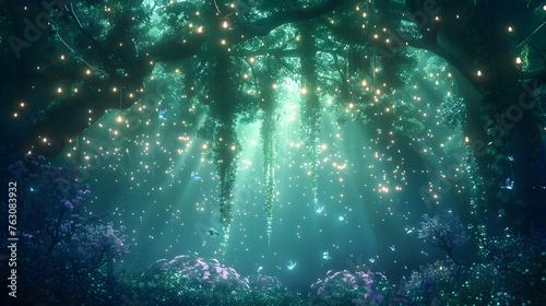 Aurora-inspired green and violet-themed background embodies the enchantment of Midsummer Nights Dream, with ethereal fairy lights, mystical woodland creatures, and cascading moonbeams