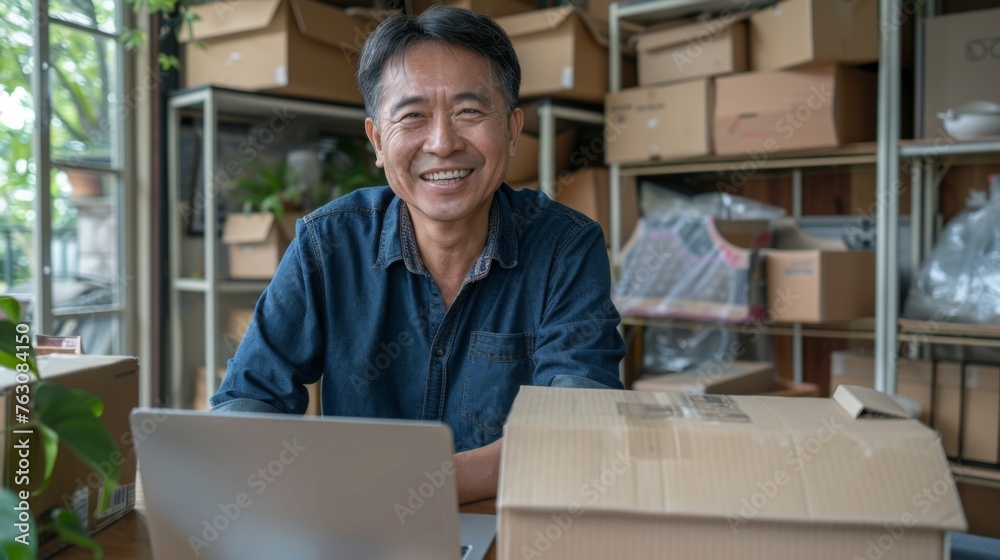 Small business owner is working on a laptop in the warehouse