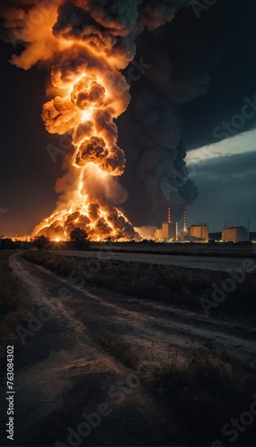 Radioactive flame and smoke cloud after a nuclear plant explosion