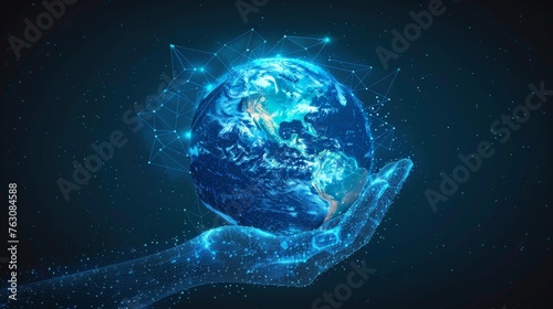 Hand holding planet Earth. Low poly design. Global network concept. Modern graphic geometric blue background. Wireframe light connection structure. Isolated image.
