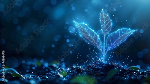 Plant growing from coins pile. Making money concept. Blue geometric background. Wireframe light connection structure. Modern 3D graphic. illustration.