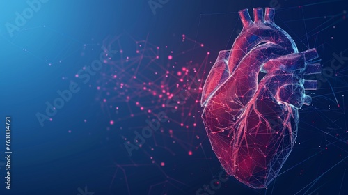 Human heart. Abstract 3d  illustration. Red cardio pulsation line isolated on blue background. Anatomy, cardiology medicine, organ health, medical science, healthcare, illness concept photo