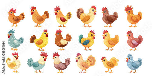 Set of cute hens in various poses on a white background.