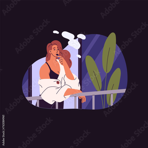 Single woman smoker stands on balcony, leaned the railings. Girl vaping, smokes electronic cigarette. Character vaper inhaling fume with e cigs. Unhealthy addiction. Flat isolated vector illustration