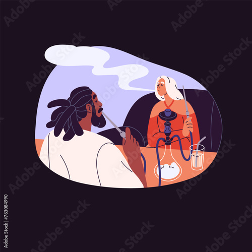 People with nicotine addiction relax in hookah lounge, bar. Couple smokes in public place, woman exhales tobacco fume, flavor vapor. Smokers are on romantic date. Flat isolated vector illustration