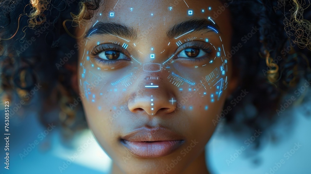 The head of a beautiful young African American woman with a head up display around her eye and face recognition technology. - obrazy, fototapety, plakaty 