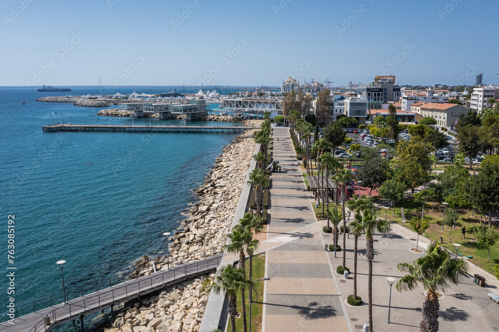 Aerial drone photo of Molos boardwalk and park in Limassol, Cyprus