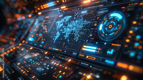 HUD user interface with 3D world map and business data charts. Digital dashboard panel with blue holograms of circular diagrams and statistics.