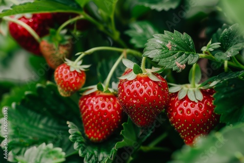 Vibrant  luscious strawberries on bush in garden  Generative AI
