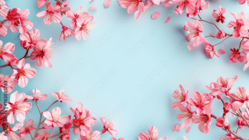 pink flowers frame.  Blue background with a frame of pink flowers. flowers, layout for invitations, postcards, greetings