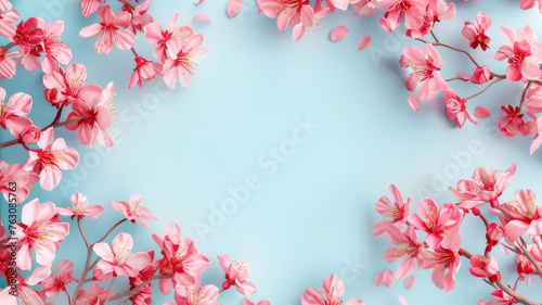 pink flowers frame.  Blue background with a frame of pink flowers. flowers, layout for invitations, postcards, greetings © Natali9yarova