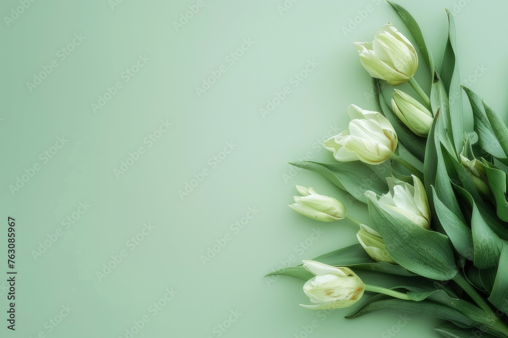 bouquet of white tulips. layout for invitations, postcards, greetings.Designer bouquet on a green background