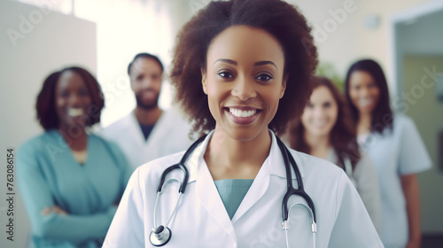 Beautiful african american woman doctor smiling confident in front of her team. In medical uniform with stethoscope.