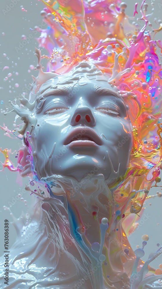 a white plastic humanoid head, enveloped in a burst of rainbow liquid, highlighting contrast hyper-realistic