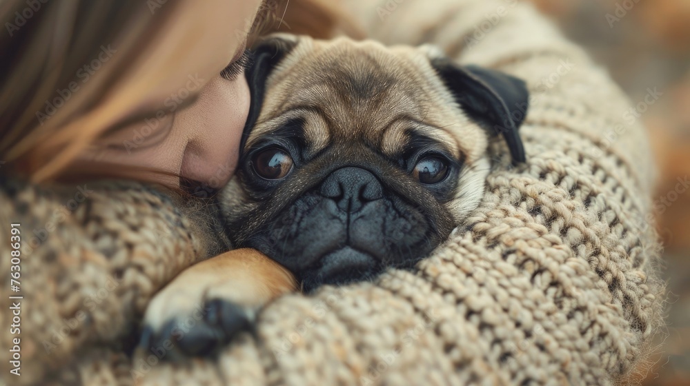 Close up of little cute pug puppy is hugging by his female owner