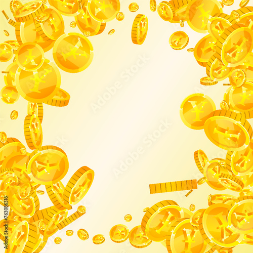 Japanese yen coins falling. Scattered gold JPY