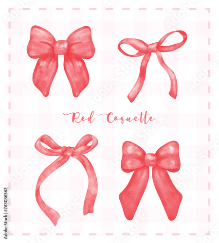 Trendy Red Coquette ribbon bow set aesthetic watercolor hand drawing