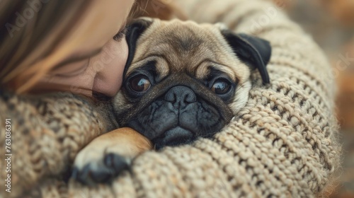 Close up of little cute pug puppy is hugging by his female owner © Ebru