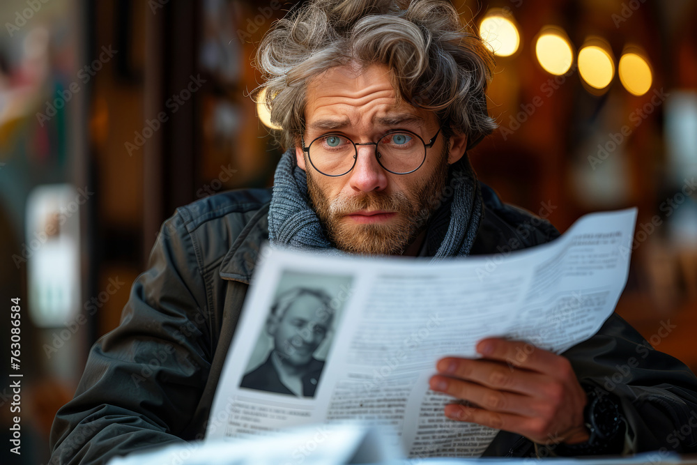 A man with glasses is reading a newspaper. He is wearing a scarf and he is focused on the paper A man with glasses is reading a newspaper. He is wearing a scarf and he is focused on the paper