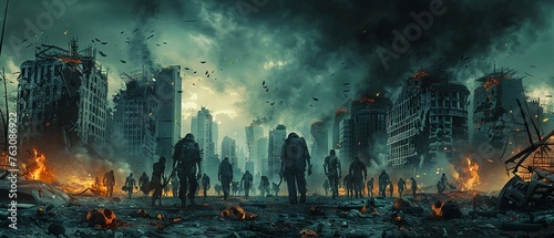 zombie game poster with a postapocalyptic cityscape as the backdrop Incorporate elements like torn buildings, wreckage photo