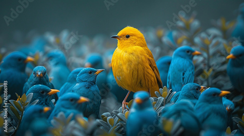 Yellow bird standing out amongst blue birds.