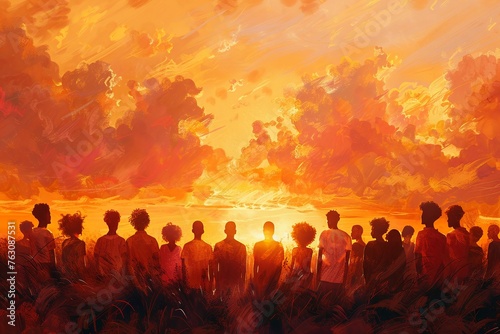 Illustrate a horizon filled with diverse individuals embracing empathy in a new era Use warm colors and soft contours to convey hope and connection
