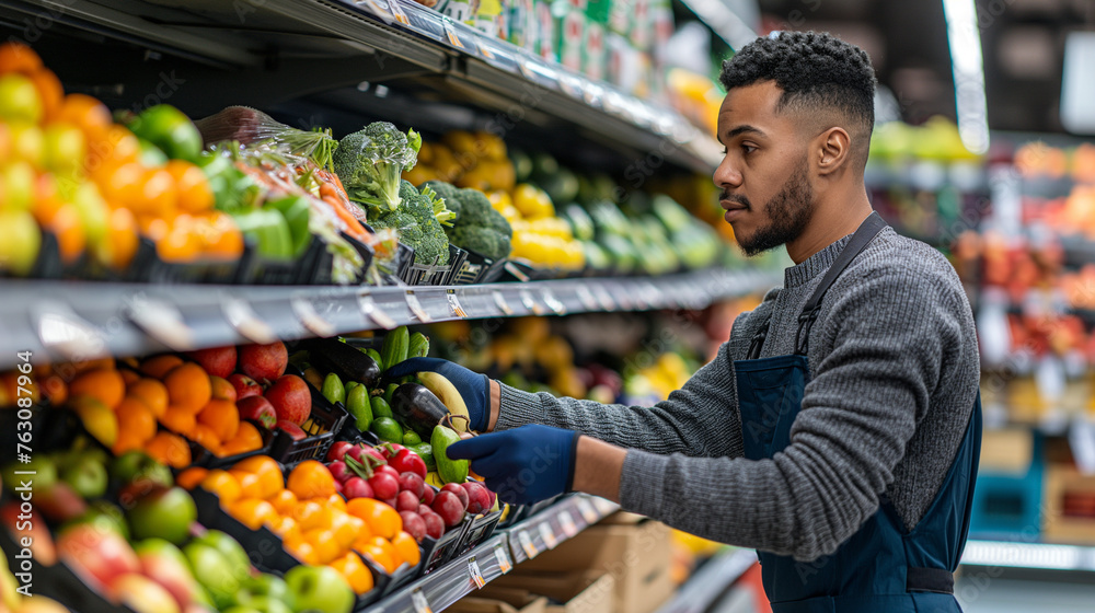 male worker stocking store shelves with fresh fruits and vegetables, food shopping or business concept 