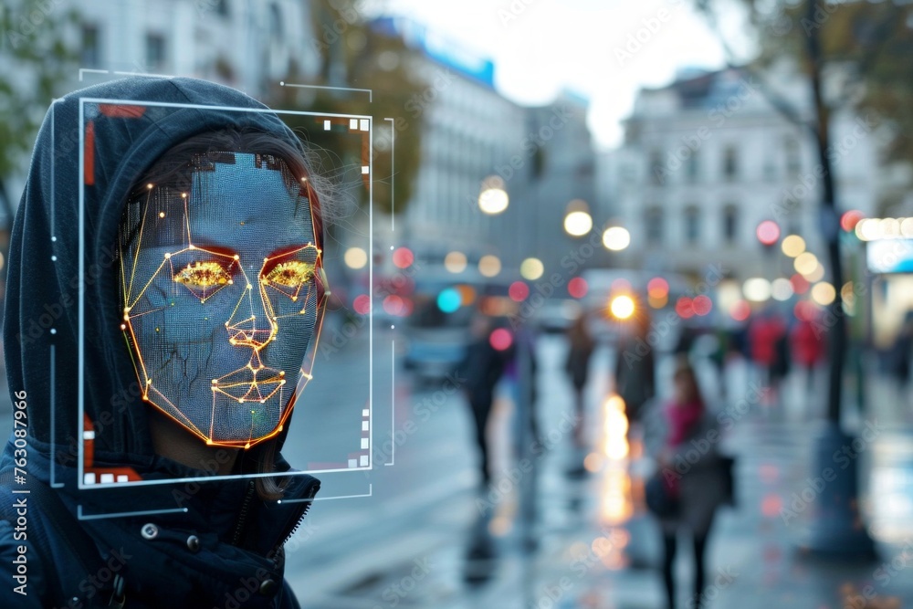 Person Tracked with Technology Walking on Busy Urban City Streets. CCTV AI Facial Recognition Big Data Analysis Interface Scanning, Showing Private Information. Surveillance Concept - obrazy, fototapety, plakaty 