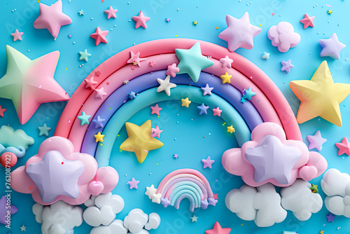 Pastel Dreams: 3D Clay Style Mobile Wallpaper with Soft Rainbows, Clouds, and Stars in Vibrant Pink Tones - Kawaii and Dreamy photo