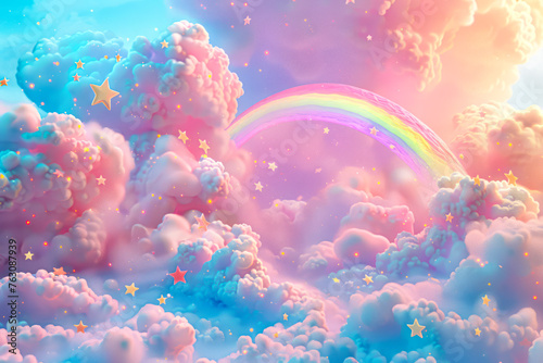 Magical Dreamscape: 3D Clay Style Mobile Wallpaper with Soft Rainbows, Clouds, and Stars in Vibrant Kawaii Pink Tones