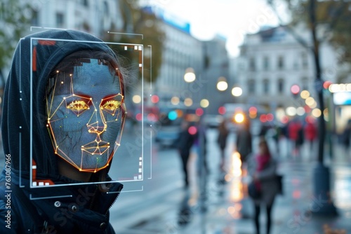 Person Tracked with Technology Walking on Busy Urban City Streets. CCTV AI Facial Recognition Big Data Analysis Interface Scanning, Showing Private Information. Surveillance Concept