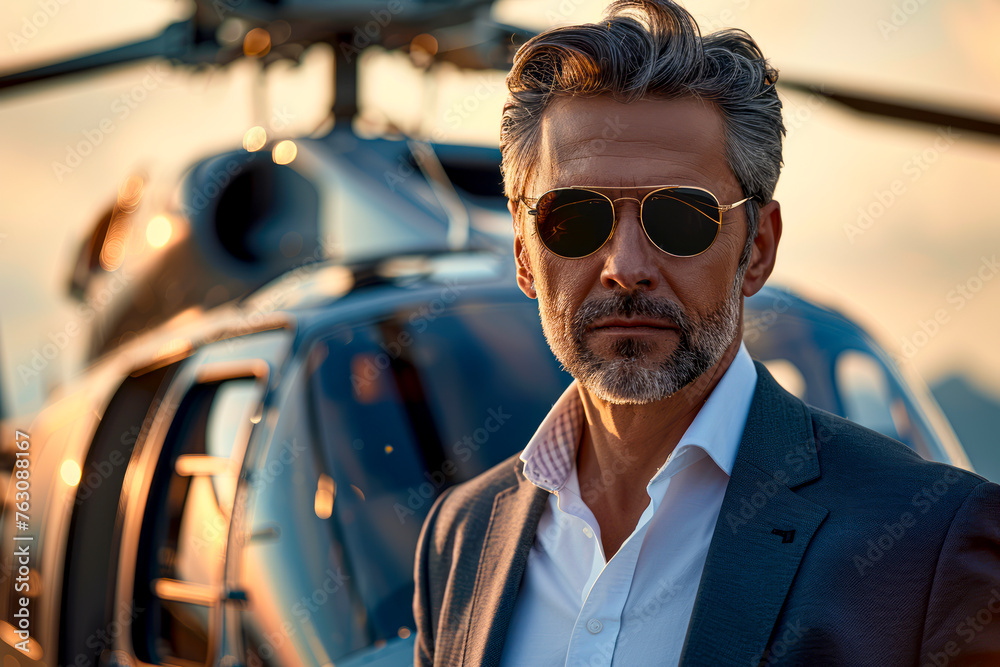 A seasoned executive arrives at a business meeting in style, stepping out of a private helicopter for a seamless journey.