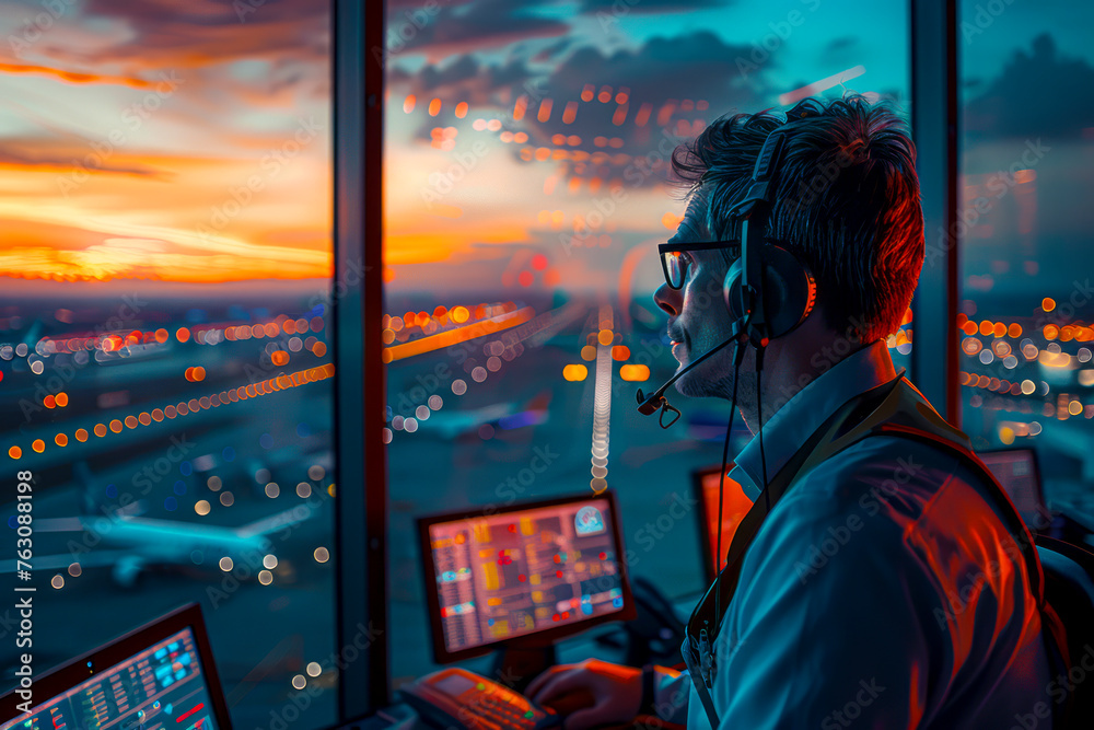 Airport Tower Communication: Air Traffic Controllers in Action, Navigation Screens and Departure Data, Panoramic Views of Airplanes Departing and Arriving - obrazy, fototapety, plakaty 