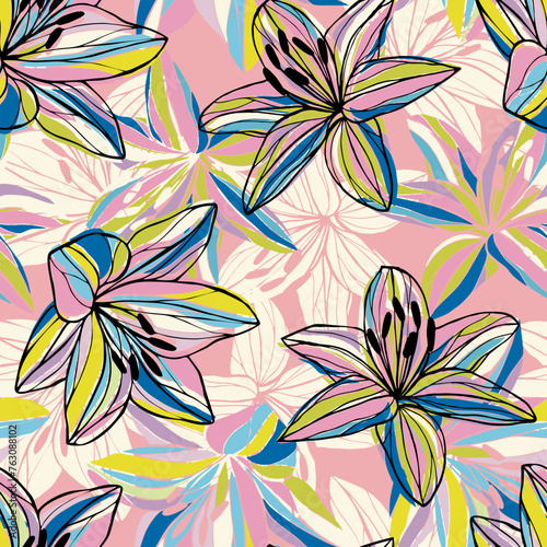 Abstract hand drawn floral pattern with lily flowers. Vector illustration.  Design for fashion textiles, graphics, backgrounds and crafts