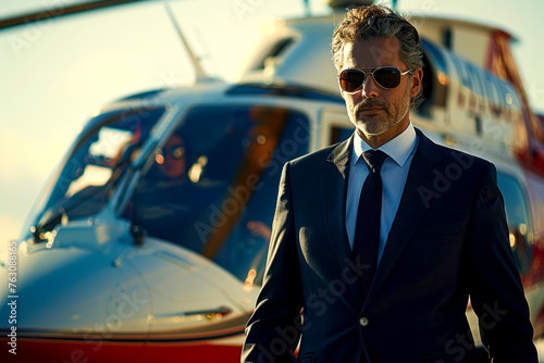 Corporate Commute: Middle-Aged Executive Arrives at Business Meeting in Style via Private Helicopter photo