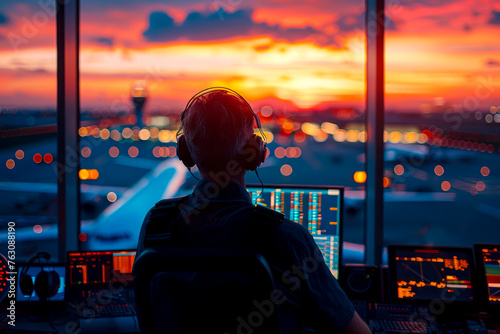 Sky High Control: Air Traffic Controllers Guide Planes from Tower with Navigation Screens and Departure Data