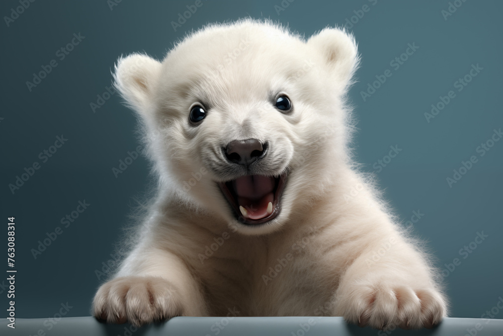 White Bear Cub Holding Banner Edge Against Blue Background, A Playful and Eye-catching Image Illustrating Creativity and Whimsy White Bear Cub Holding Banner Edge Against Blue Background, A Playful and Eye-catching Image Illustrating Creativity and Whimsy