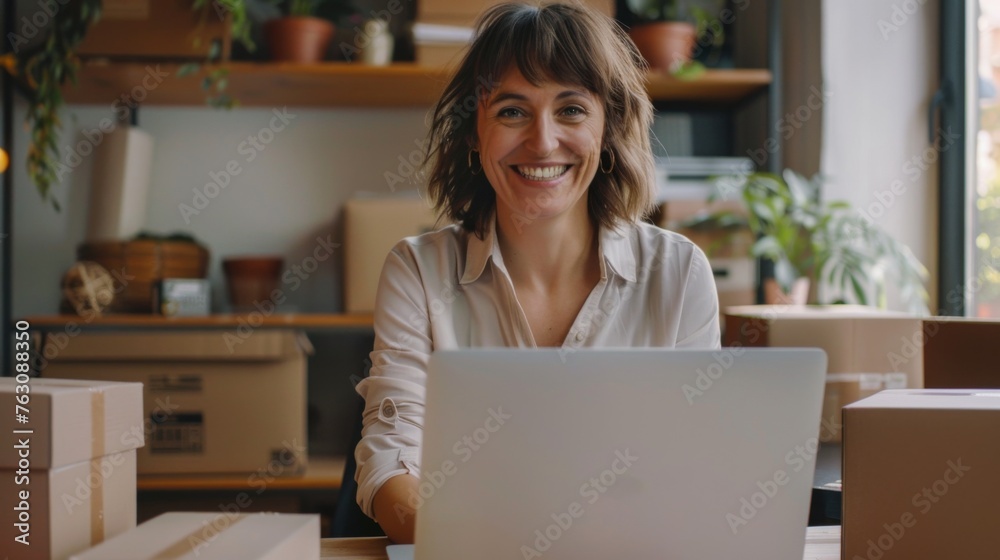 Small business owner is working on a laptop in the warehouse Small business owner is working on a laptop in the warehouse
