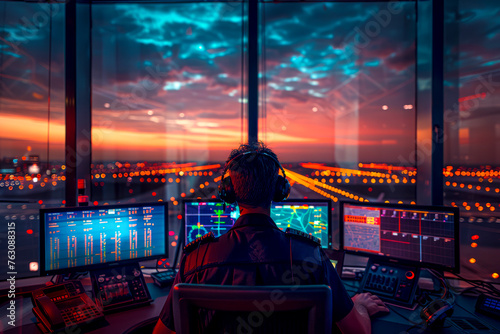 Airport Tower Communication: Air Traffic Controllers Coordinate Departures and Arrivals with Precision Using Navigation Screens and Panoramic Views