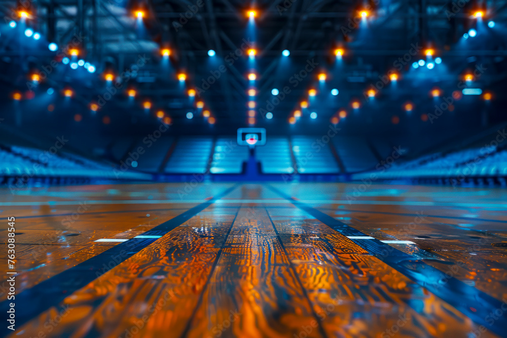 Desolate basketball court in abandoned arena creates a hauntingly beautiful image.
